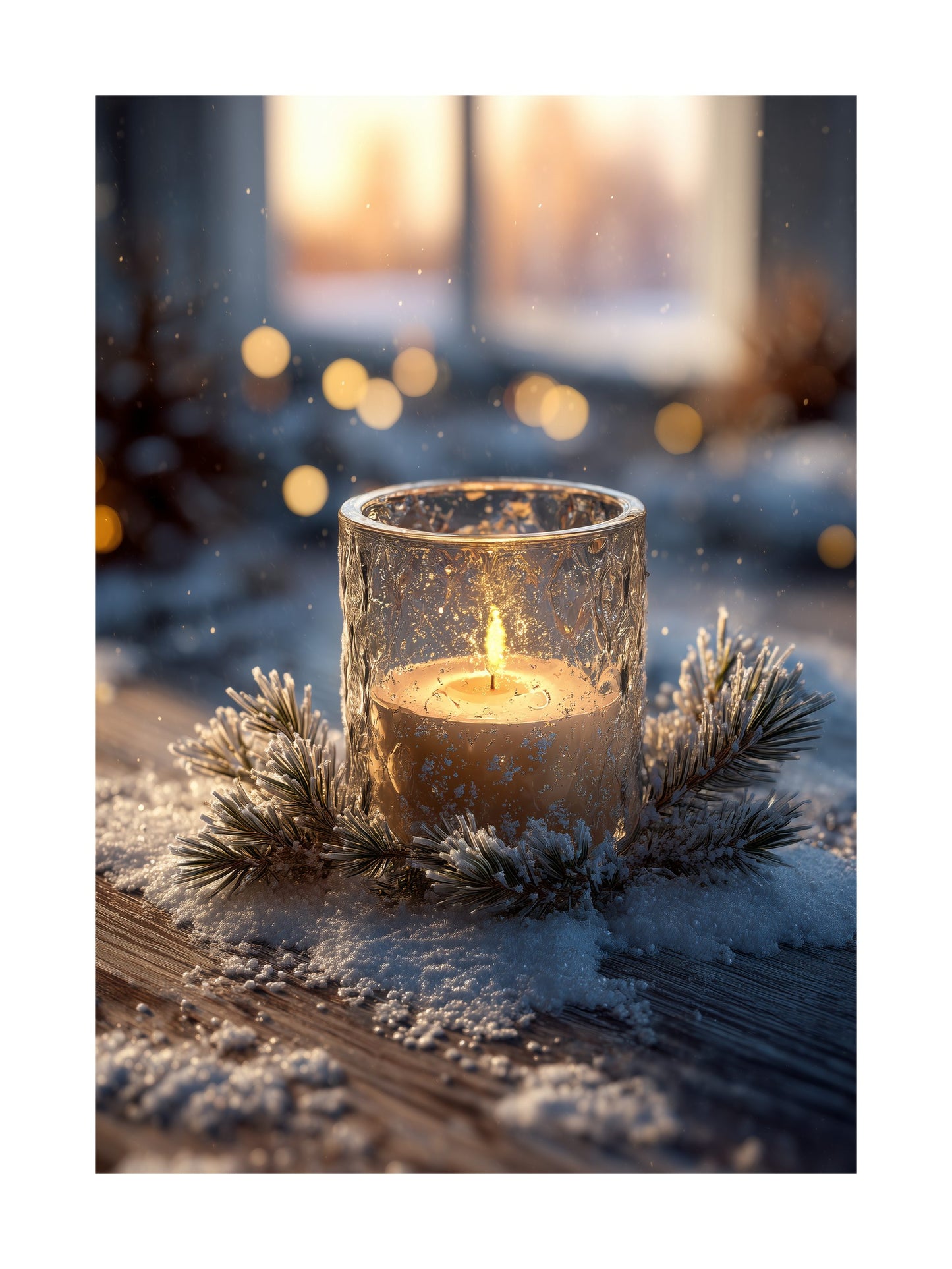 Burning candle in a glass holder surrounded by pine branches and snow.