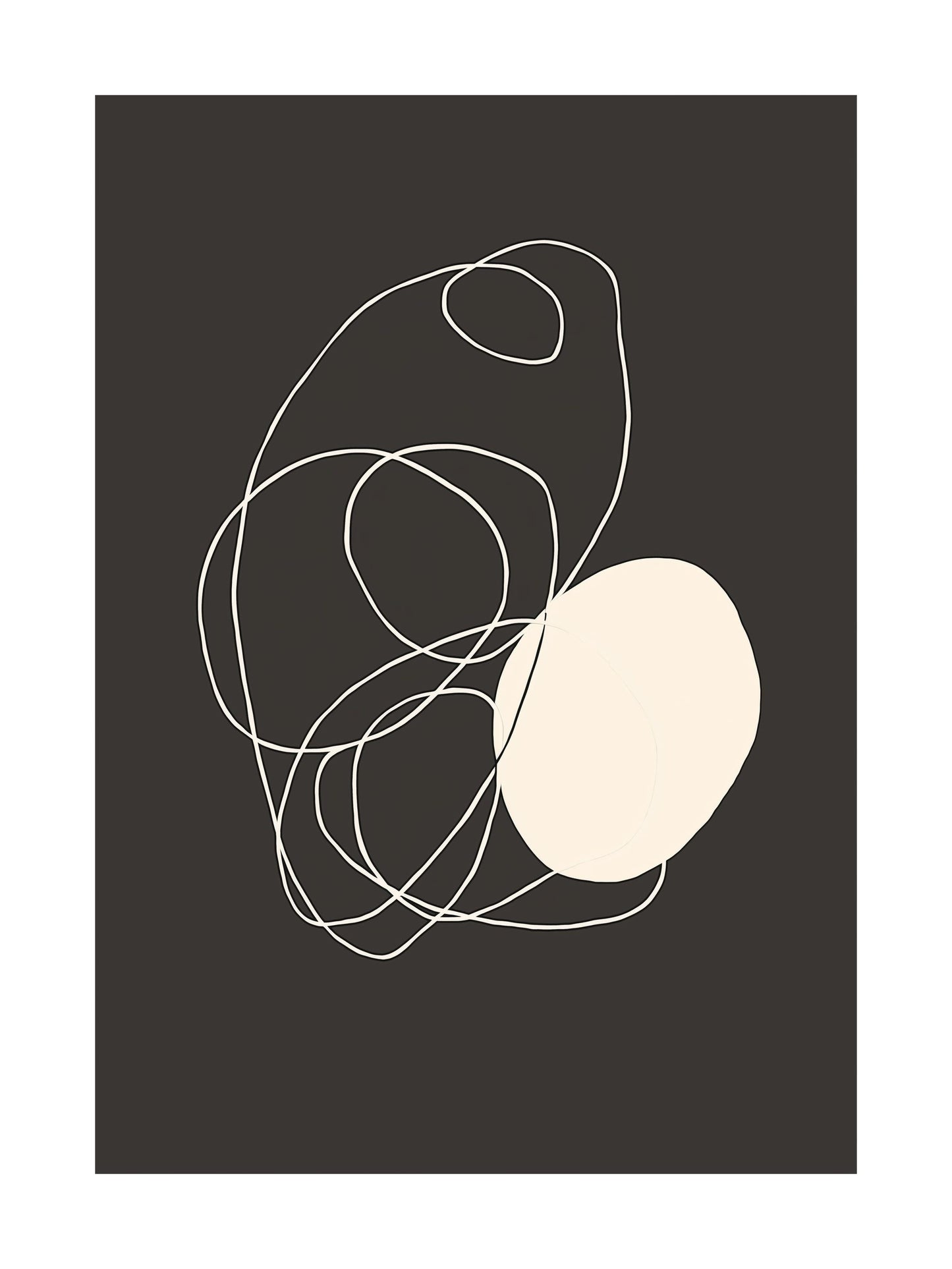Abstract white line art and beige orb on dark background