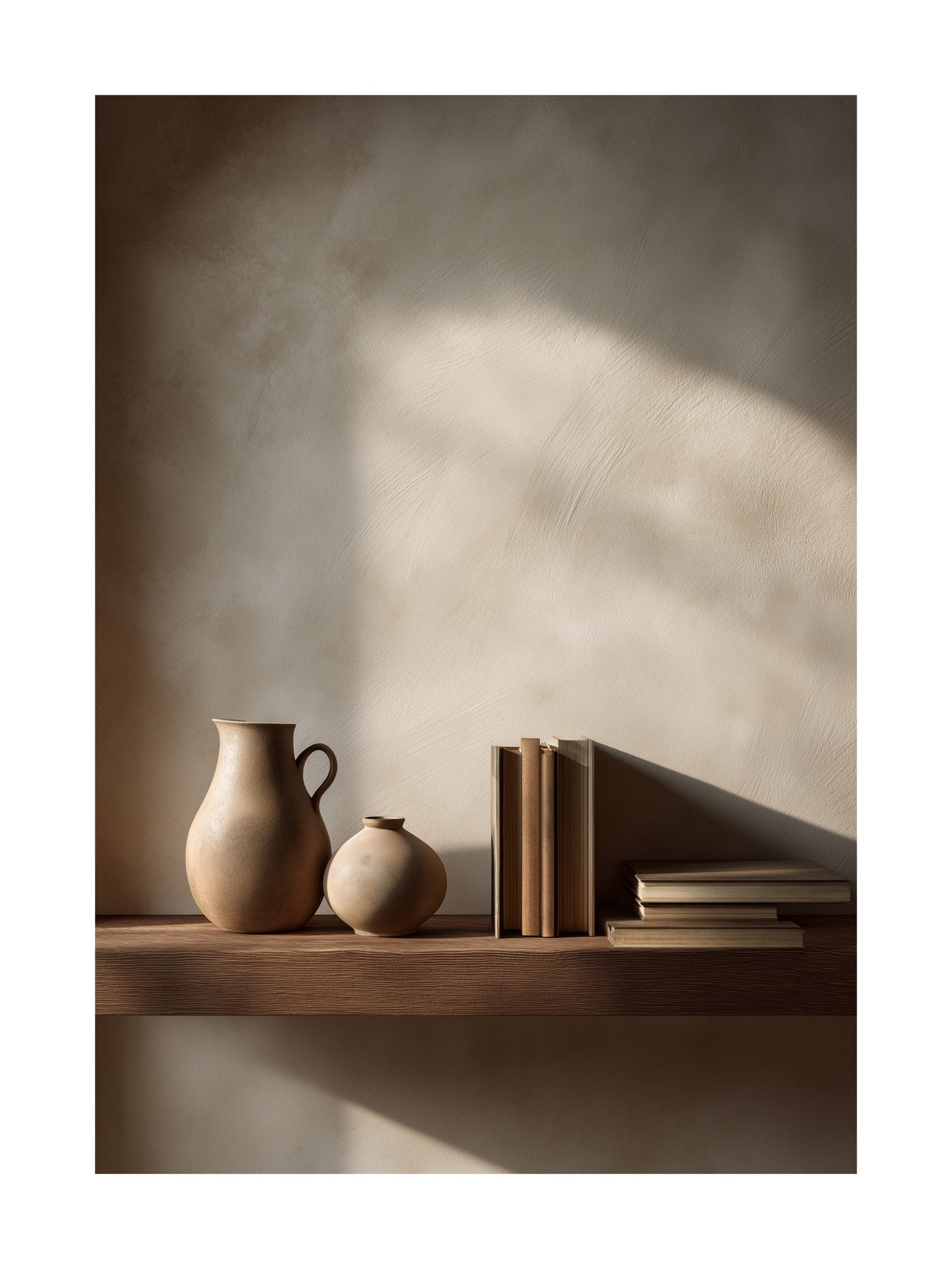 Minimalist still life poster with ceramics and books on shelf