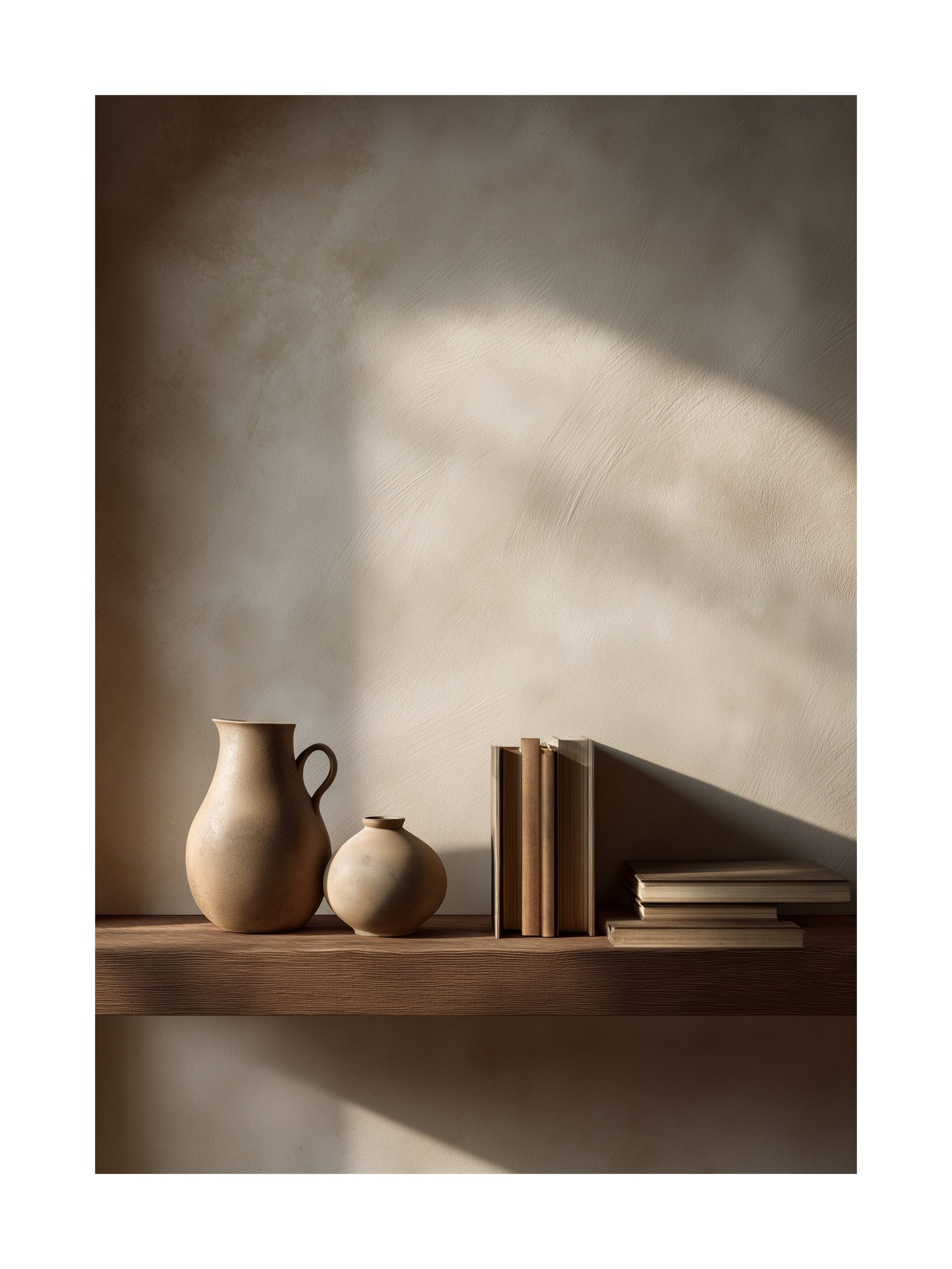 Minimalist still life poster with ceramics and books on shelf
