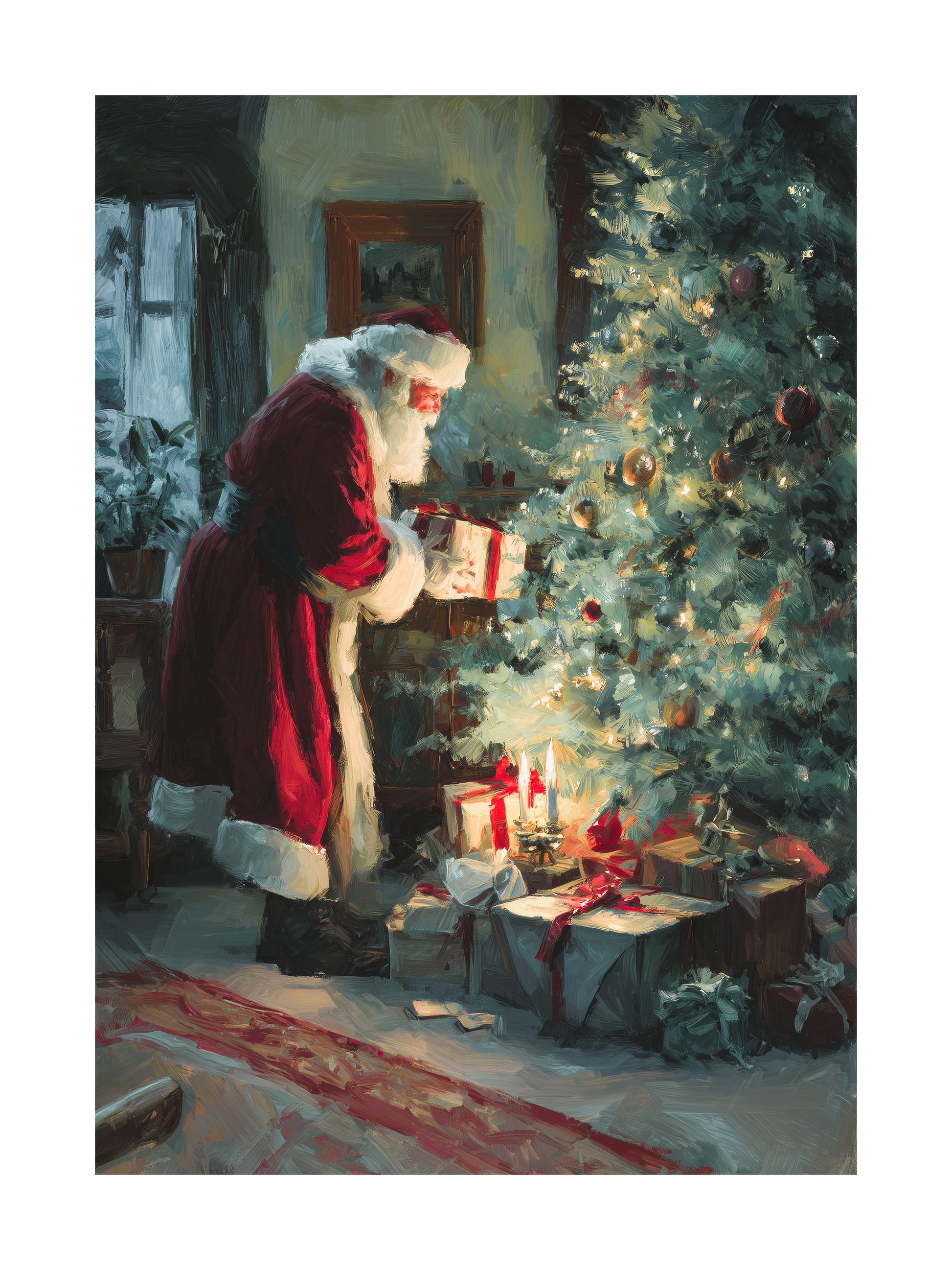Santa Claus placing presents under the Christmas tree poster