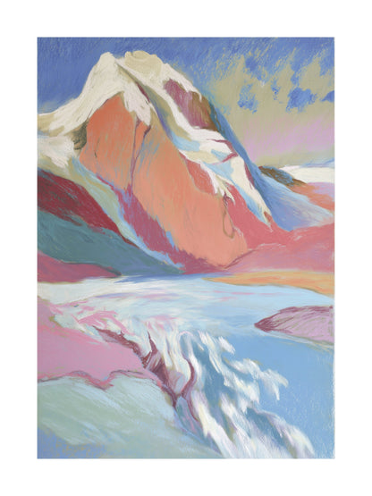 Colorful glacier with flowing ice and pastel-colored mountain peaks.