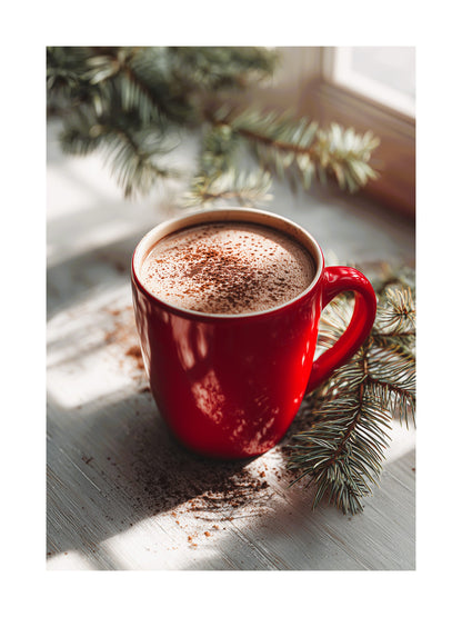 Red mug of hot chocolate with pine branches and winter light