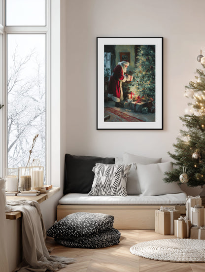 Santa by the Christmas Tree Poster