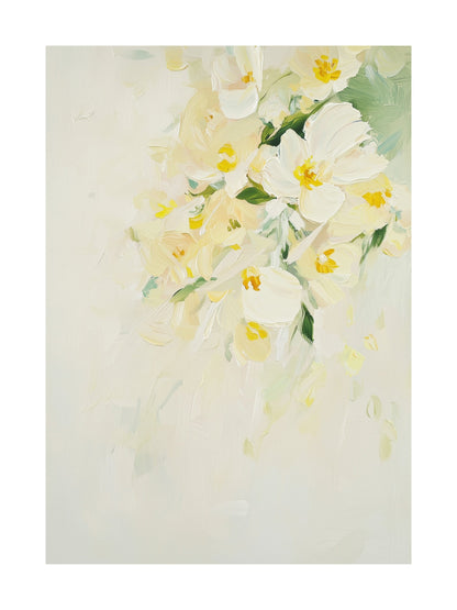 Light floral abstract poster with soft petals and vines in pastel tones