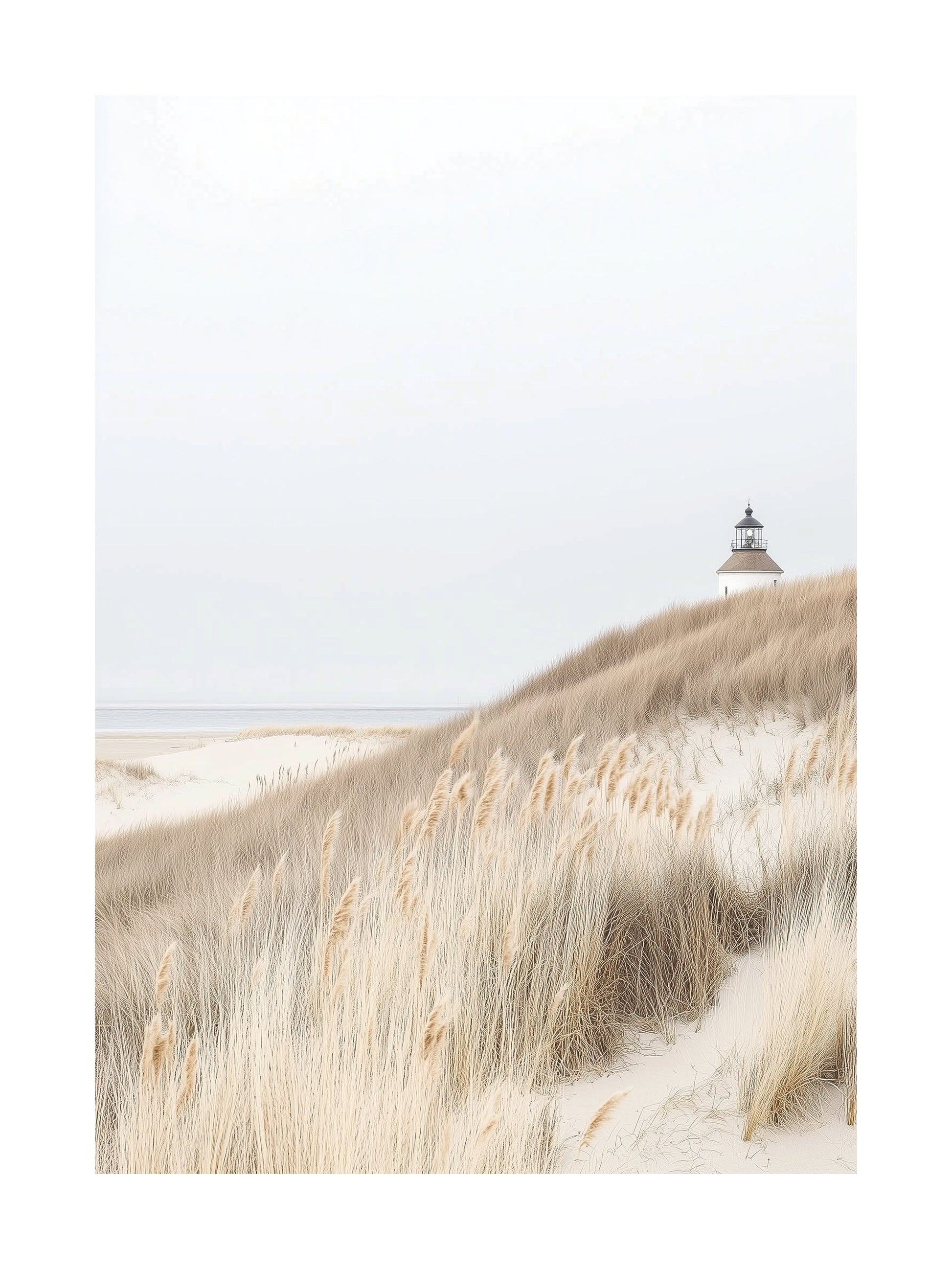 Lighthouse surrounded by beige dune grasses under a muted sky