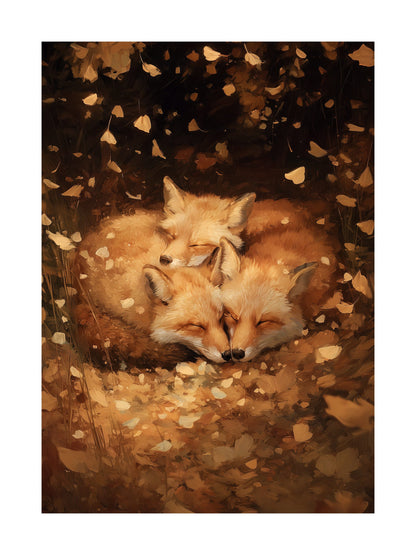 Poster of two foxes curled together under autumn leaves