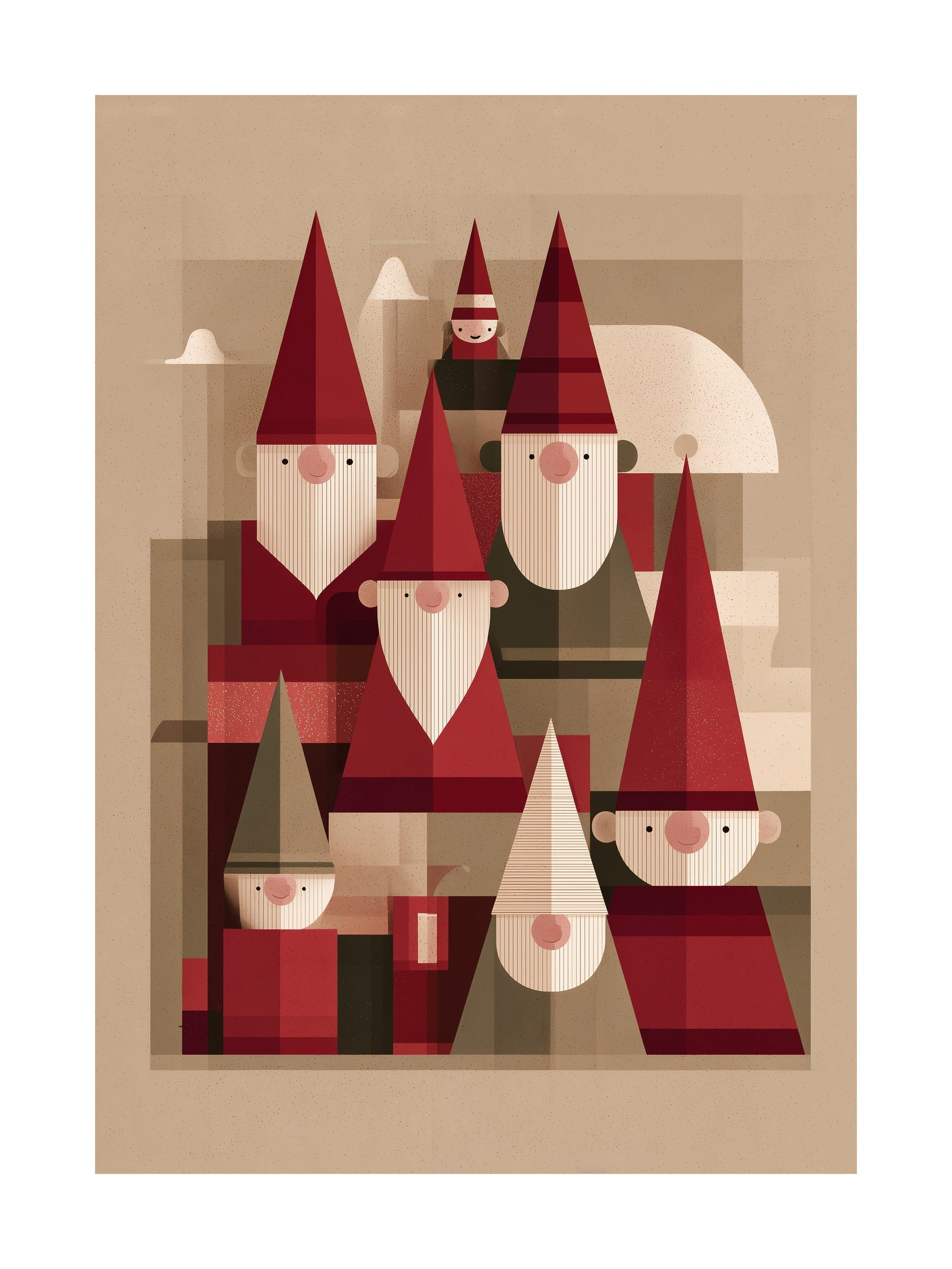 Geometric illustration of Santa and elves in red Christmas tones