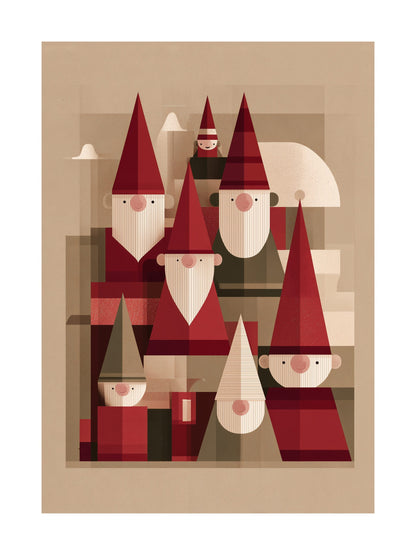 Geometric illustration of Santa and elves in red Christmas tones