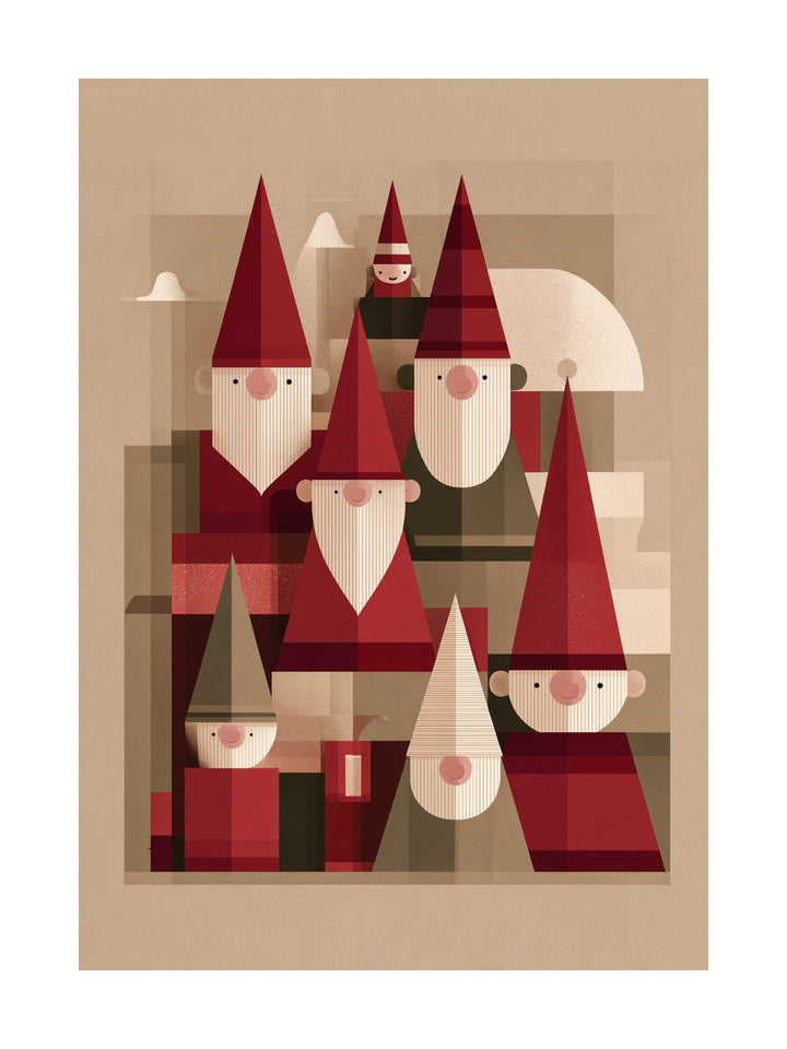 Geometric illustration of Santa and elves in red Christmas tones