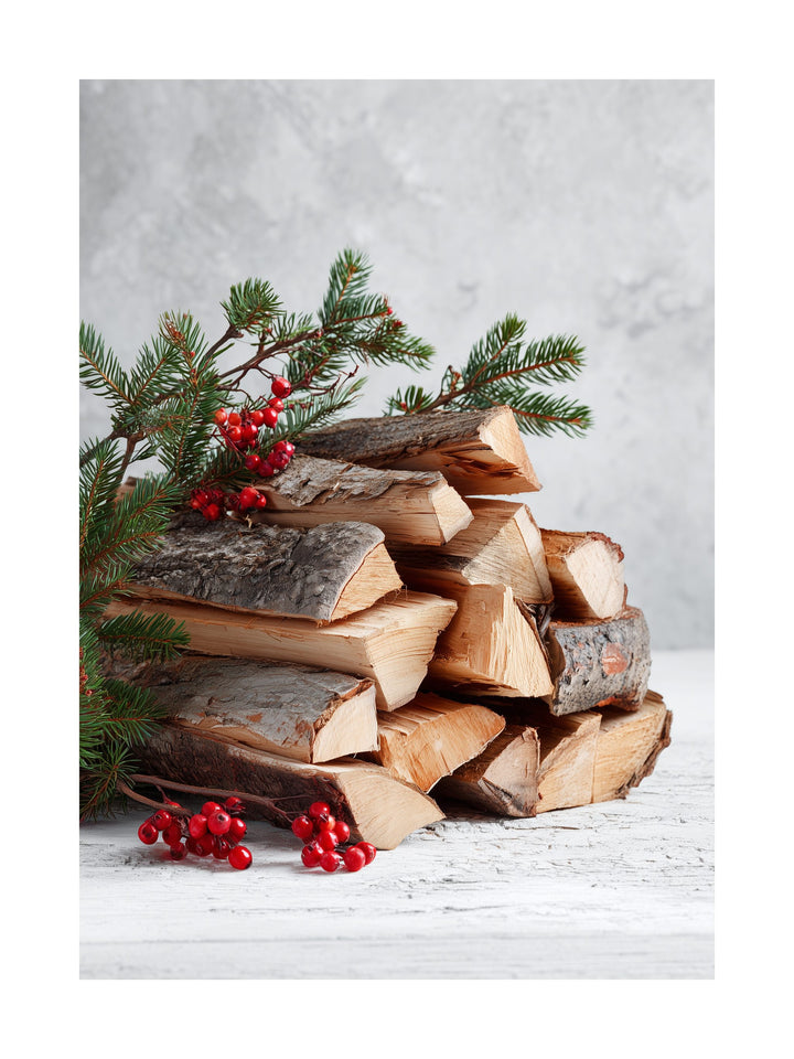 Firewood with pine branches and red berries Christmas poster