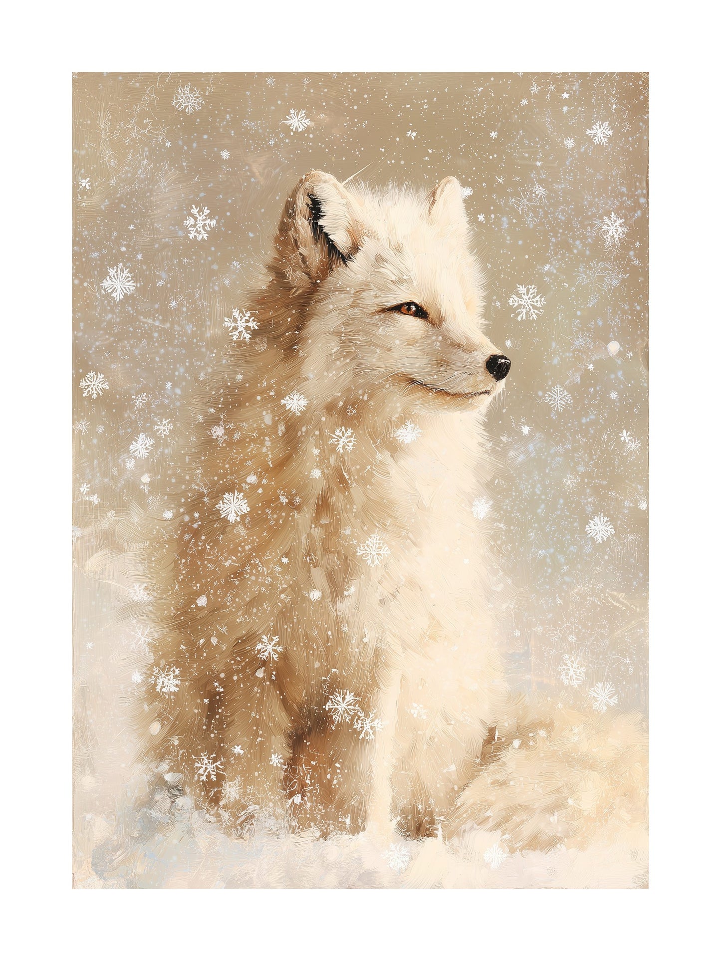 Painting of an arctic fox with snowflakes falling around it.