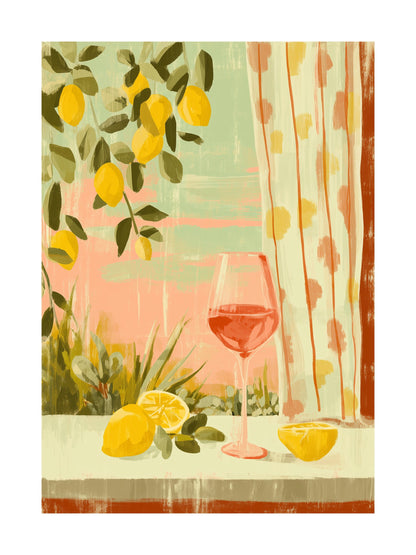 Poster of rosé wine, lemons, and striped curtain on a rustic Italian table