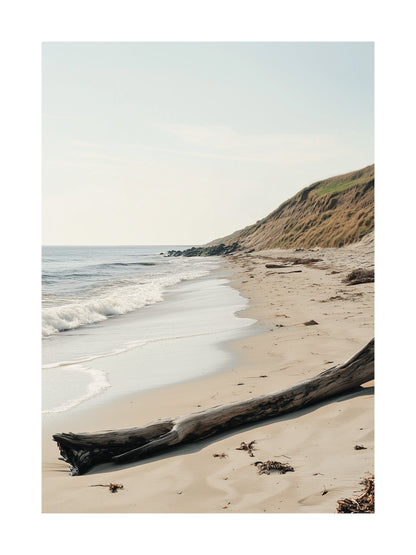 Coastal poster of a peaceful beach with waves and sandy dunes