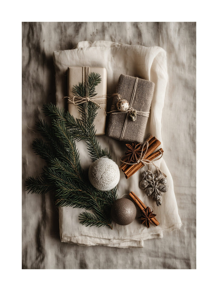 Rustic Christmas still life with gifts, pine branches and cinnamon poster