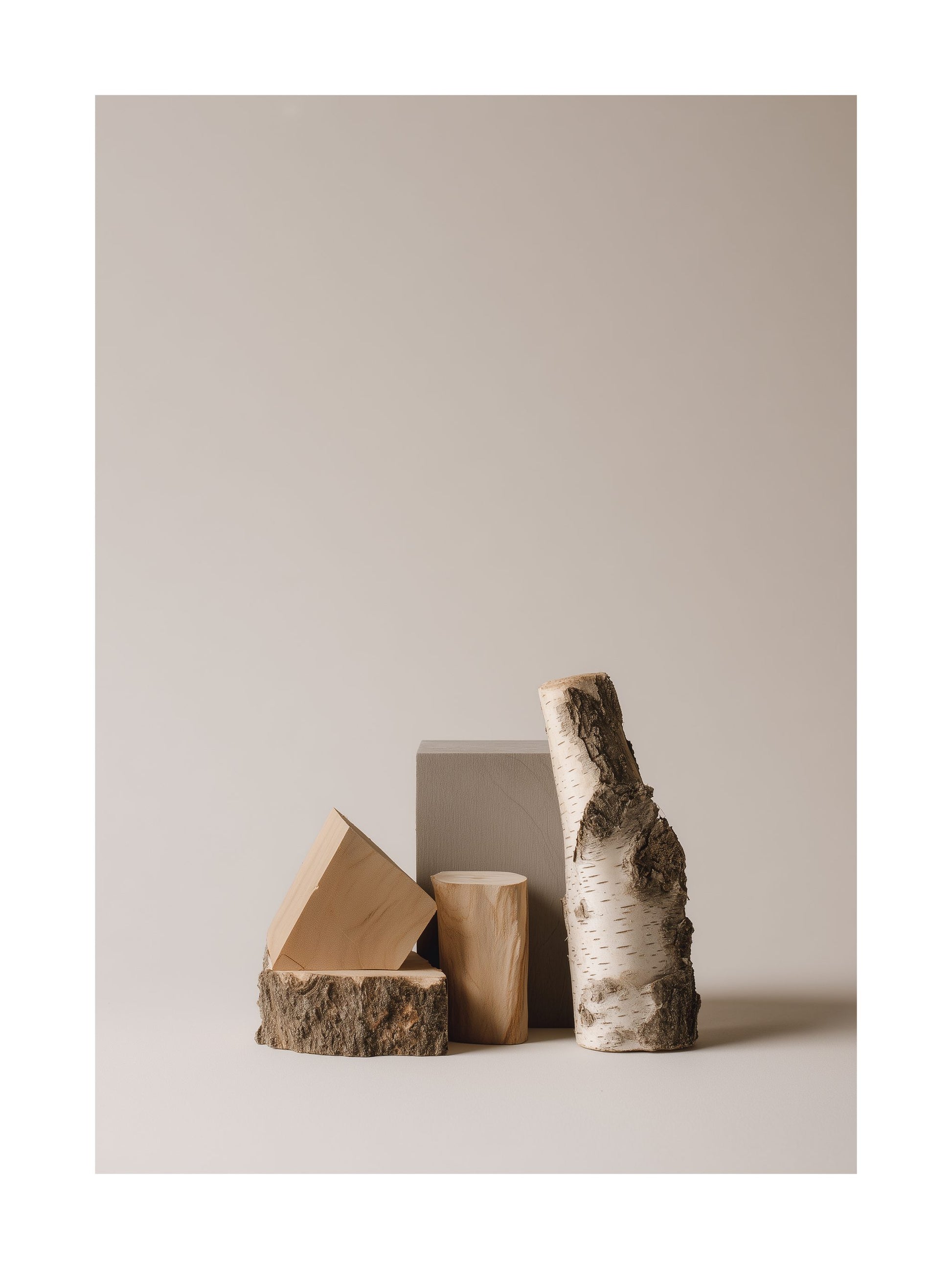 Minimalist still life poster with wooden blocks and birch wood