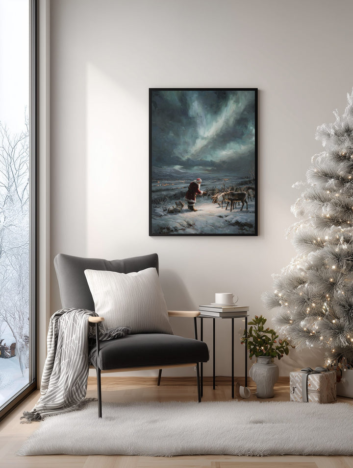 Santa and Reindeer Under Northern Lights Poster