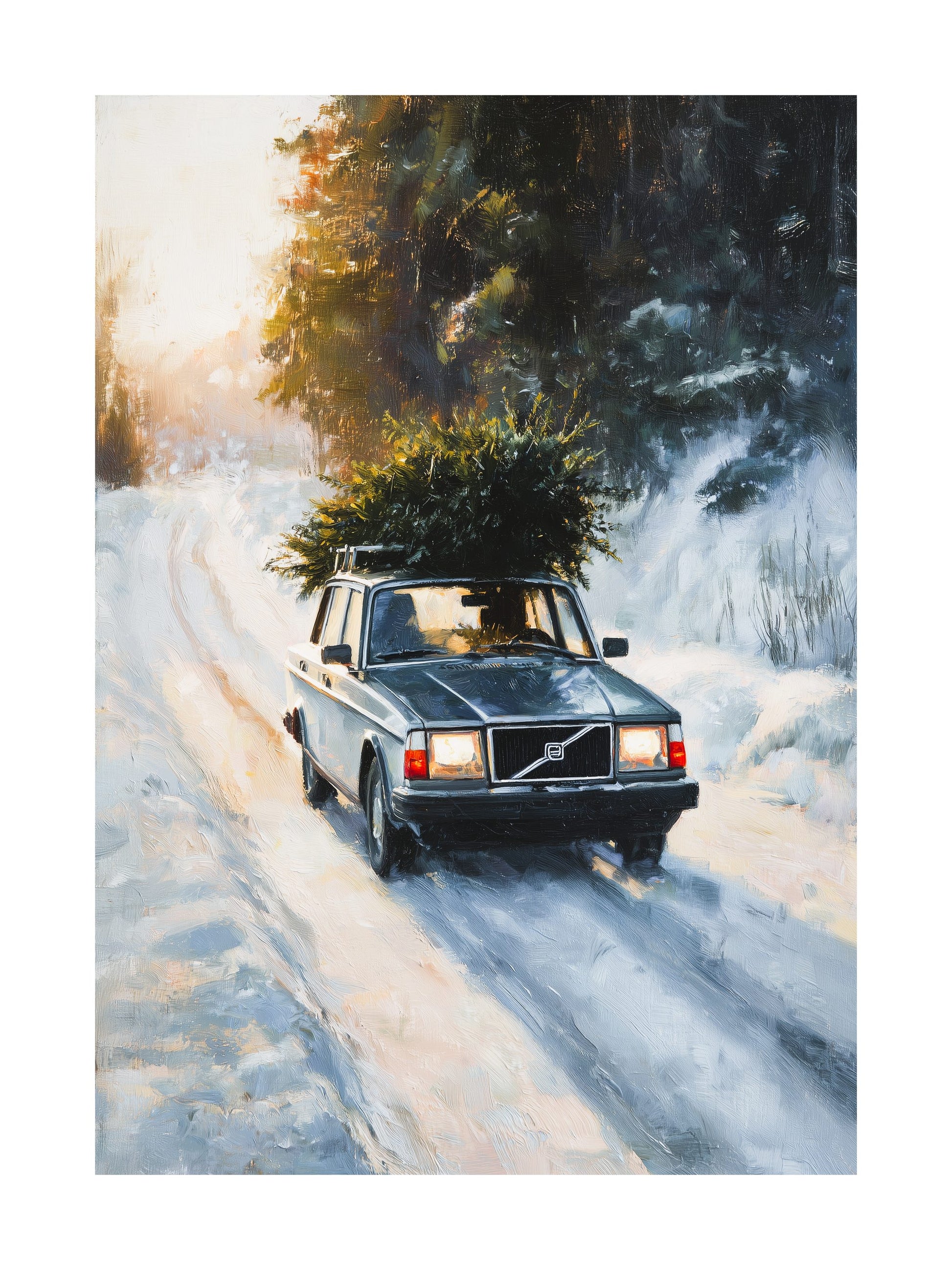 Vintage Volvo driving with Christmas tree on snowy road poster