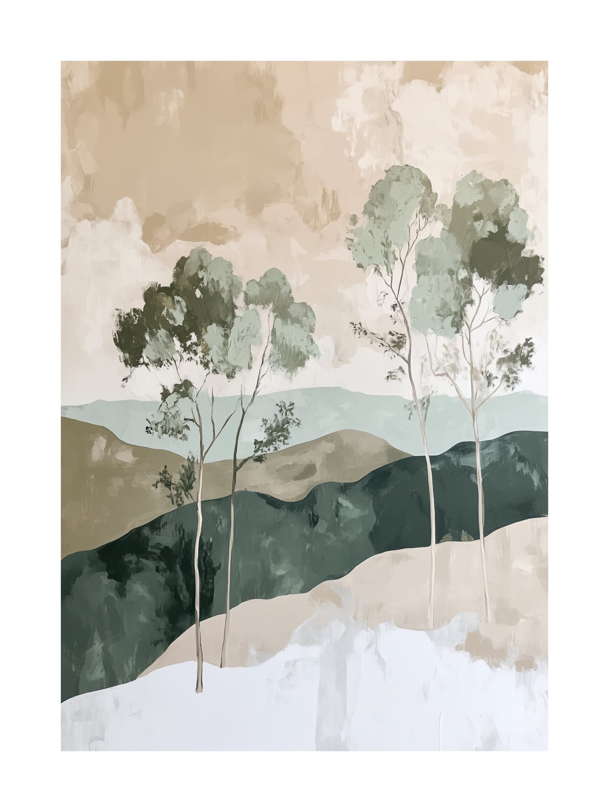 Poster featuring a calm forest scene with trees and hills in green and beige, ideal for peaceful home wall decor
