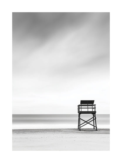 Black and white beach scene with lifeguard tower - minimalist coastal poster