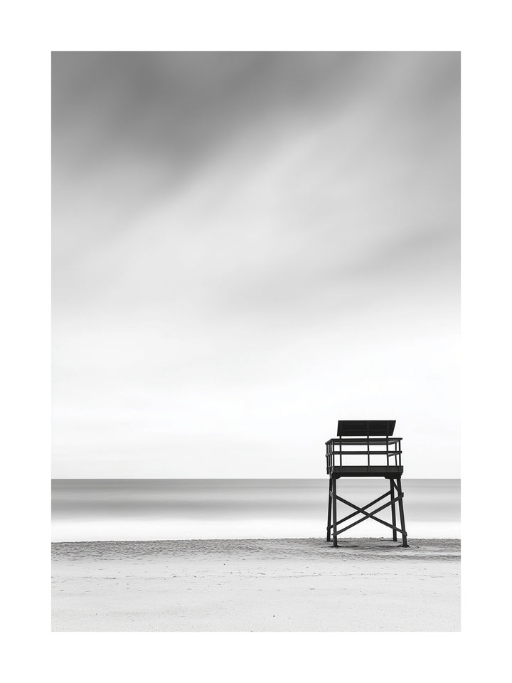 Black and white beach scene with lifeguard tower - minimalist coastal poster