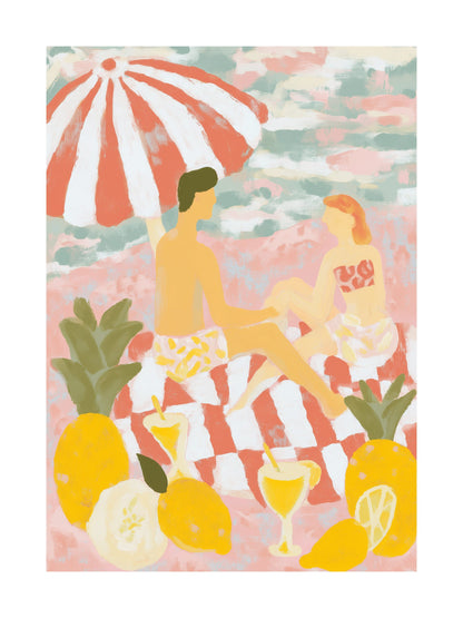 Poster of woman at a picnic with pastries and floral blanket