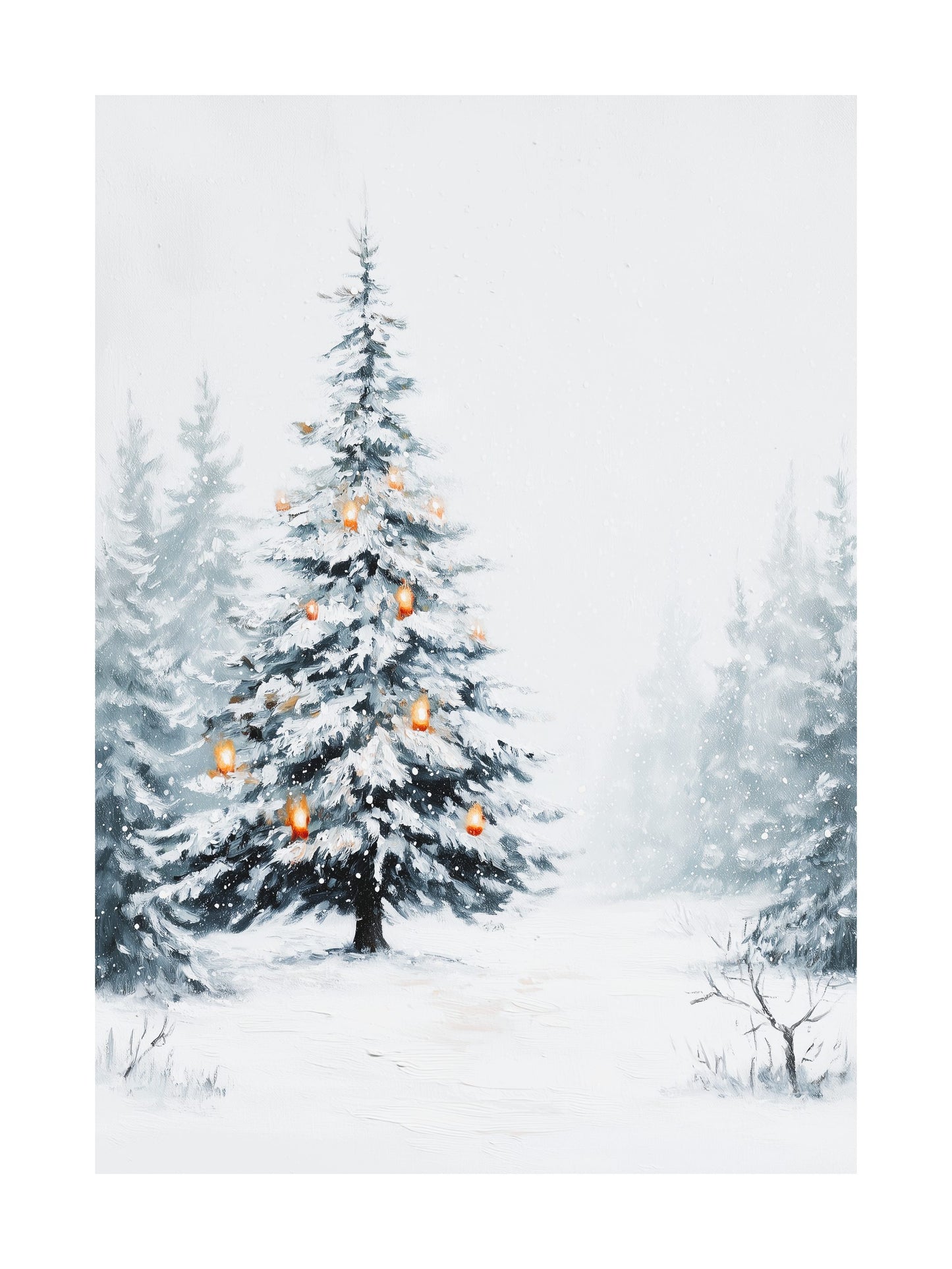 Snow-covered Christmas tree glowing in winter forest painting
