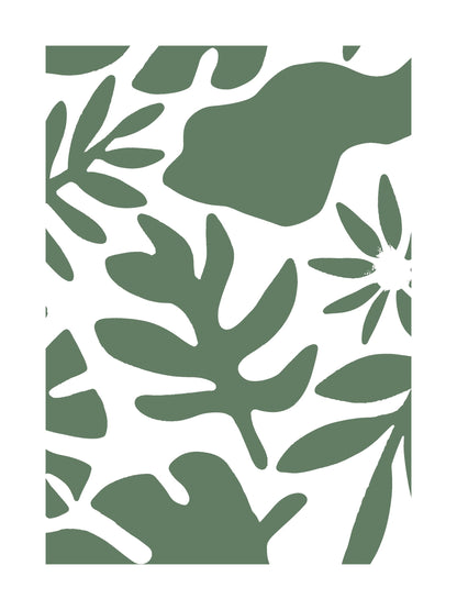 Green and white botanical cutout illustration with bold leafy shapes
