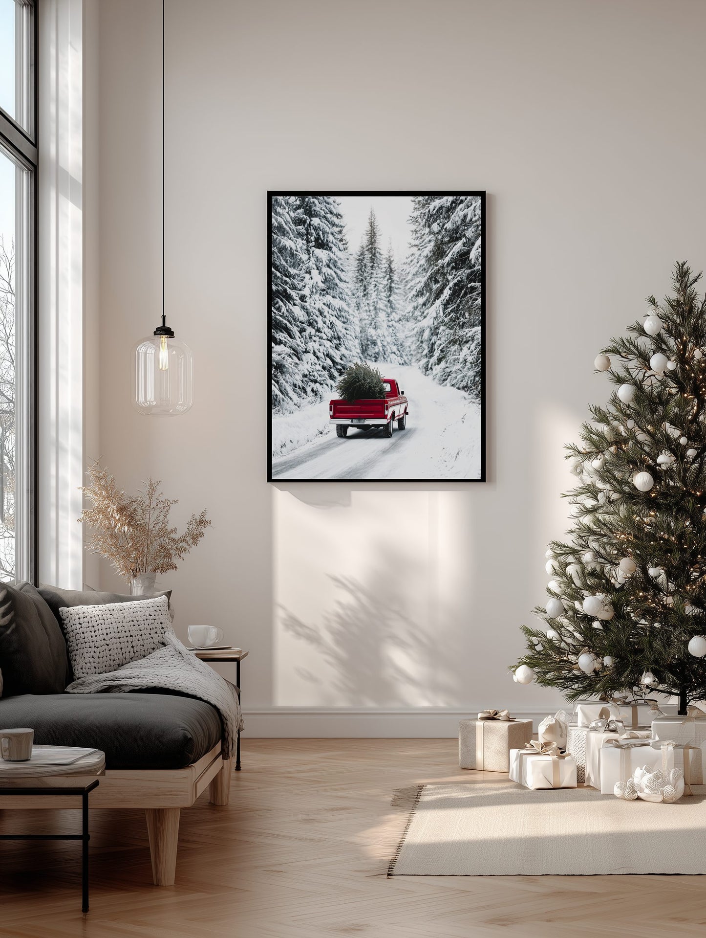 Red Truck with Christmas Tree Poster