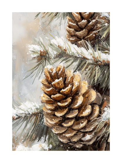 Snow-covered pine cones on branches winter painting poster