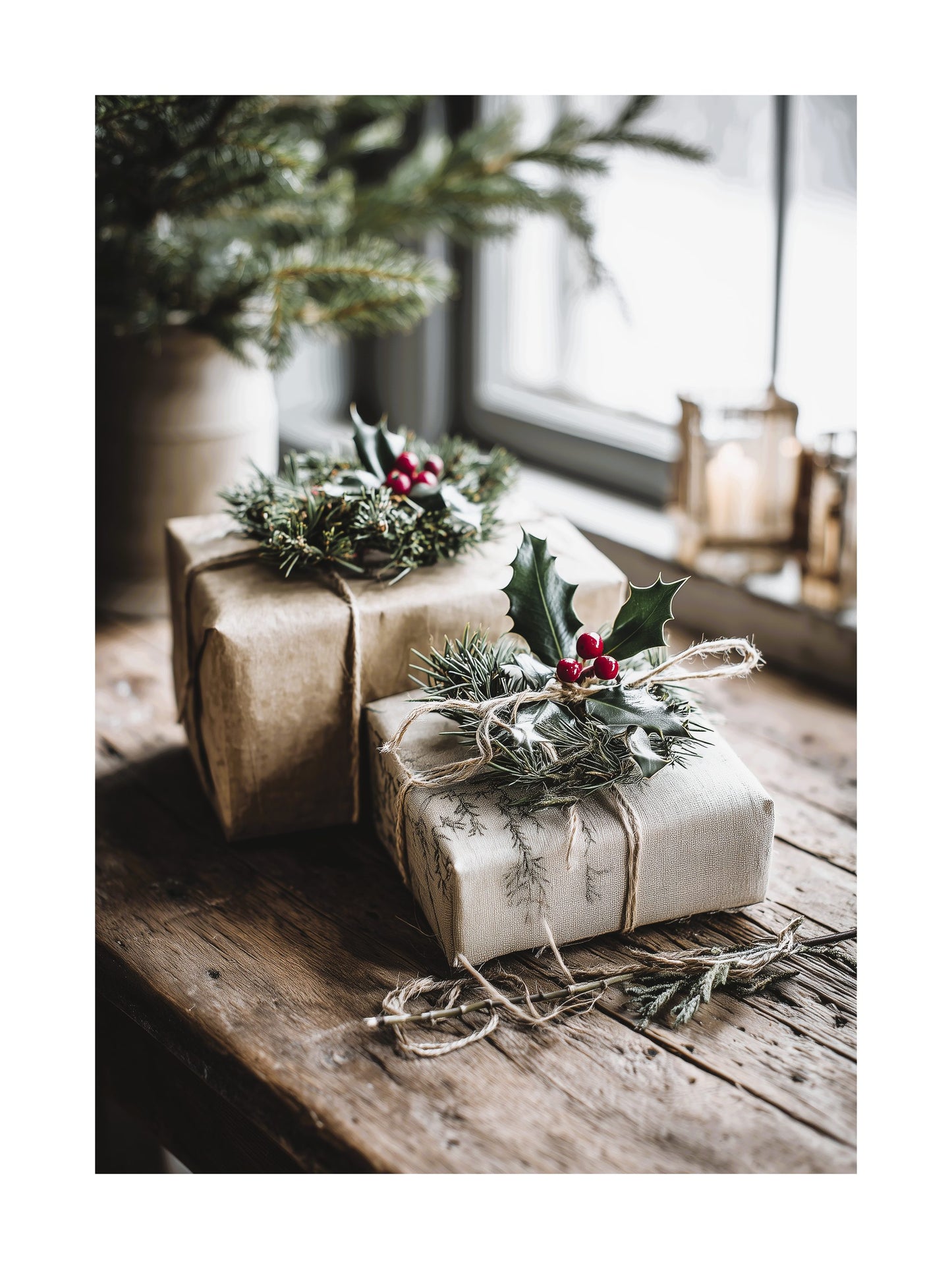 Rustic Christmas gifts with pine and holly on wooden table poster