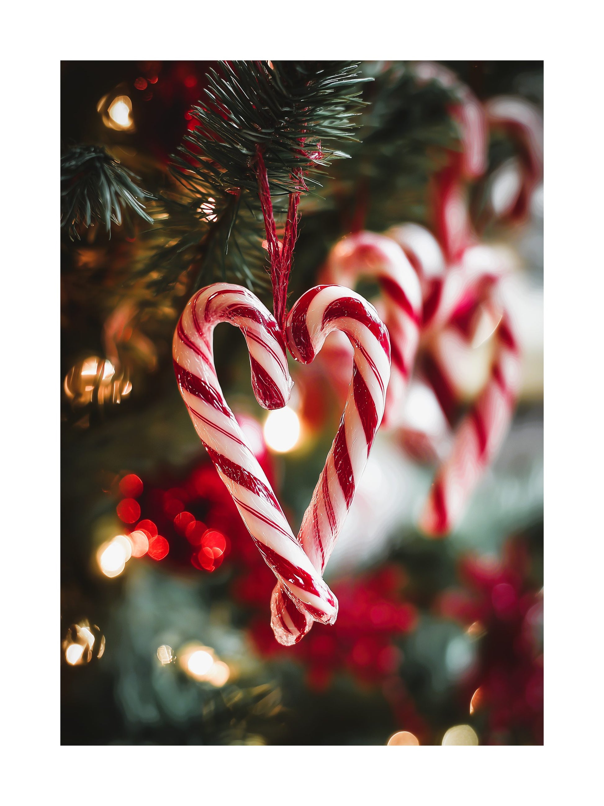 Close-up of two candy canes forming a heart hanging on Christmas tree with lights