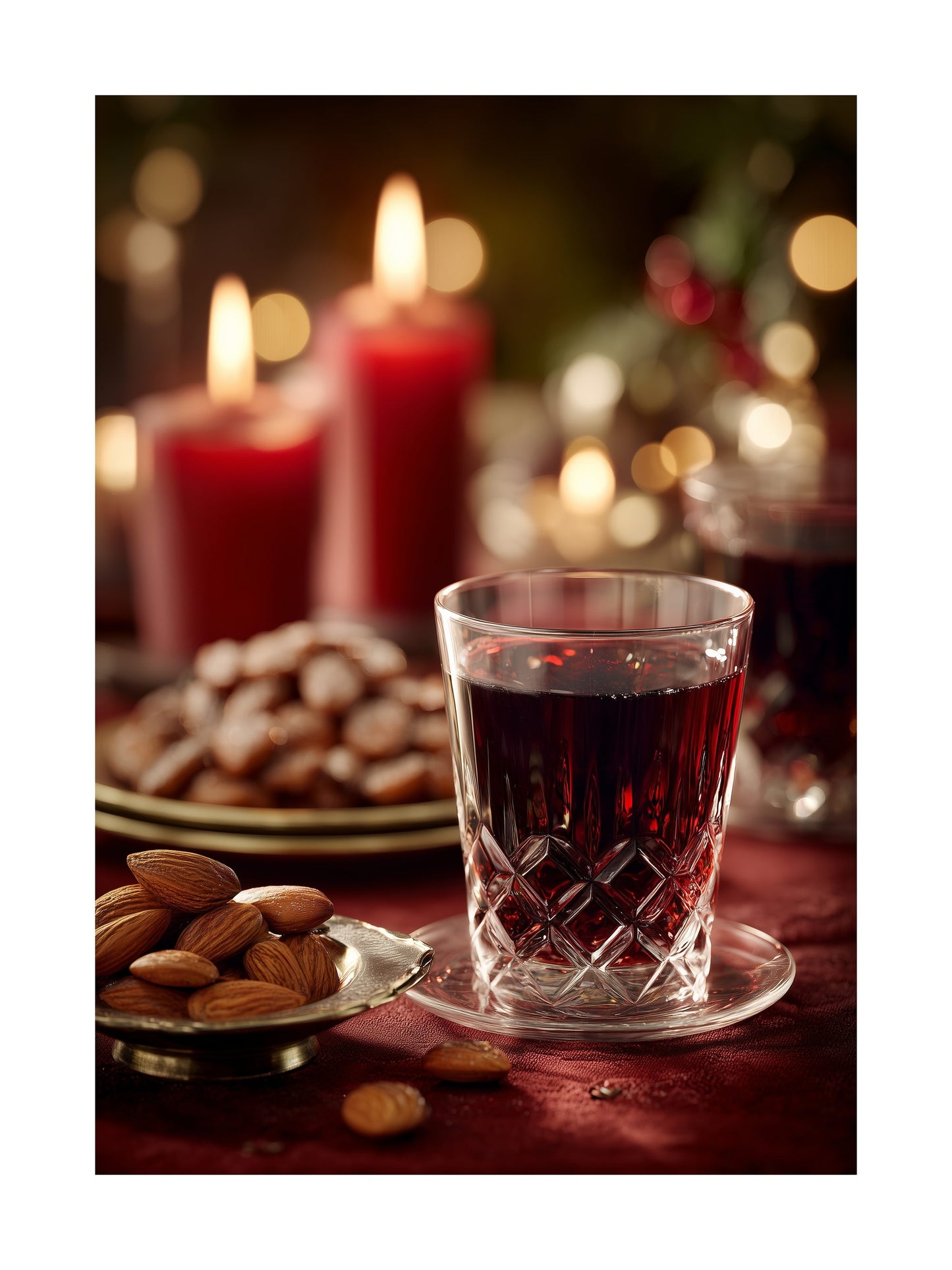 Glass of Swedish glögg with almonds and candles Christmas poster