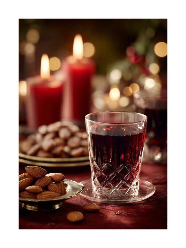 Glass of Swedish glögg with almonds and candles Christmas poster