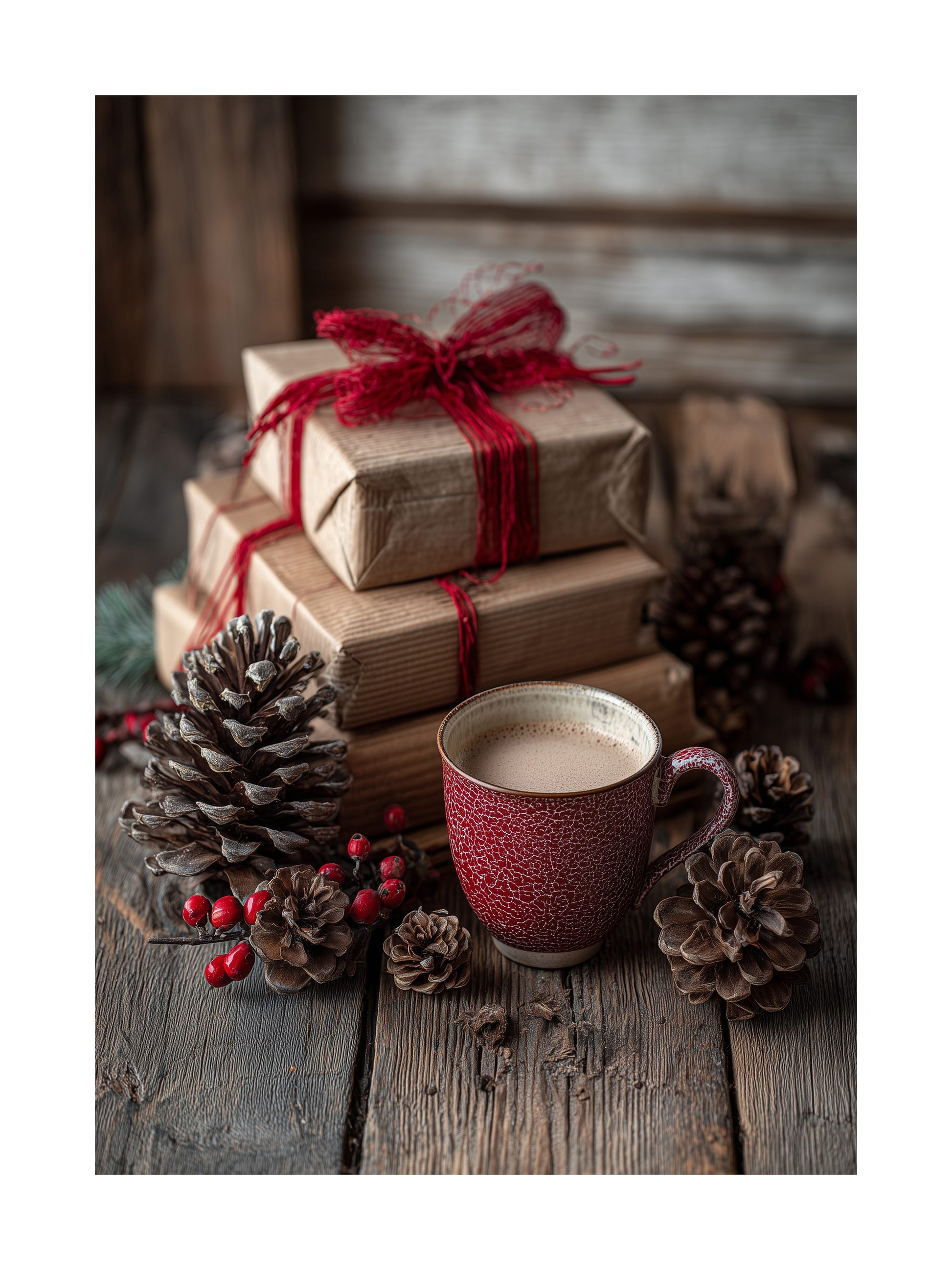 Christmas still life with cocoa, gifts, and pinecones on wooden table