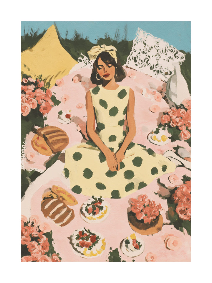 Poster of couple hugging next to yellow VW van in a flower field