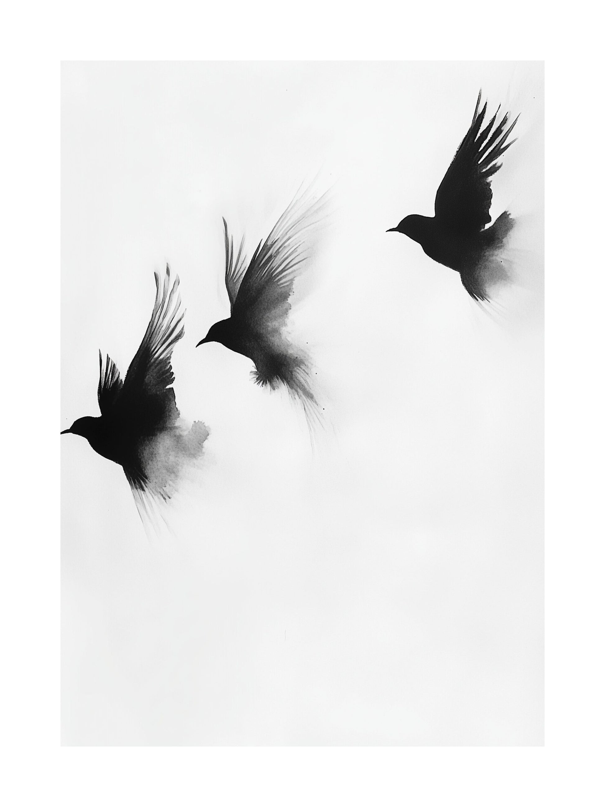Black ink-style birds flying on white background - minimalist flight poster