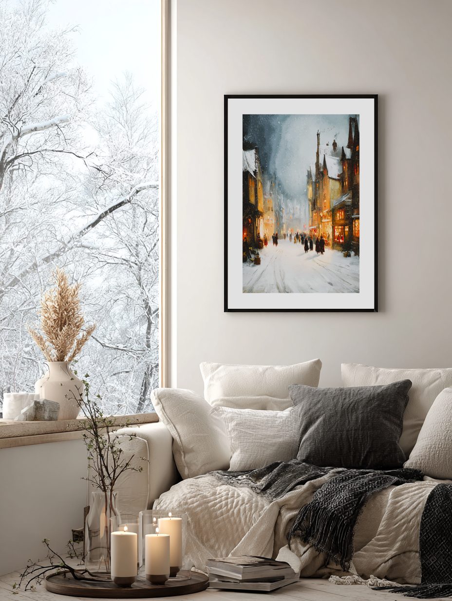 Snowy Village Street Poster