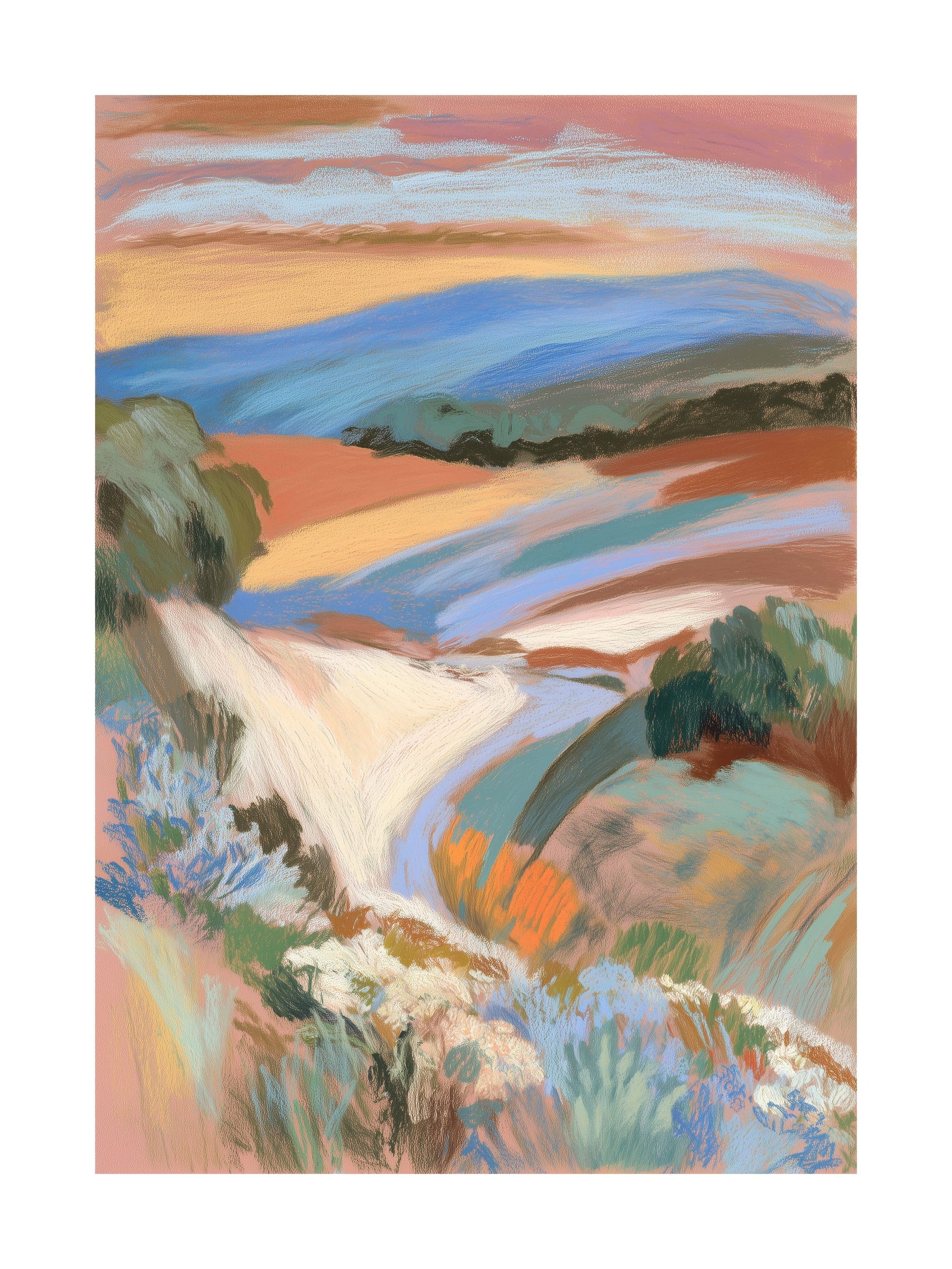 Sunset over valley trail with warm tones and wildflowers