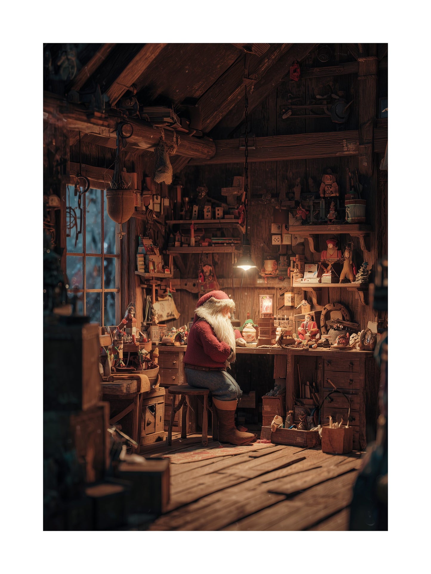 Santa sitting in a cozy wooden workshop making toys under warm light