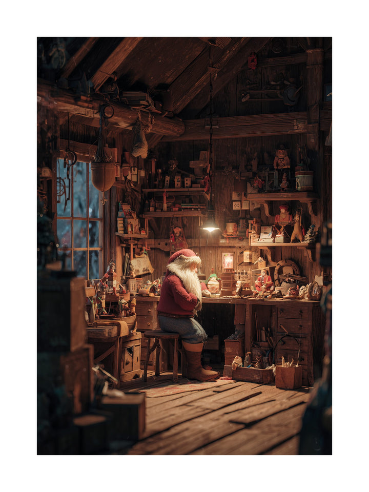 Santa sitting in a cozy wooden workshop making toys under warm light