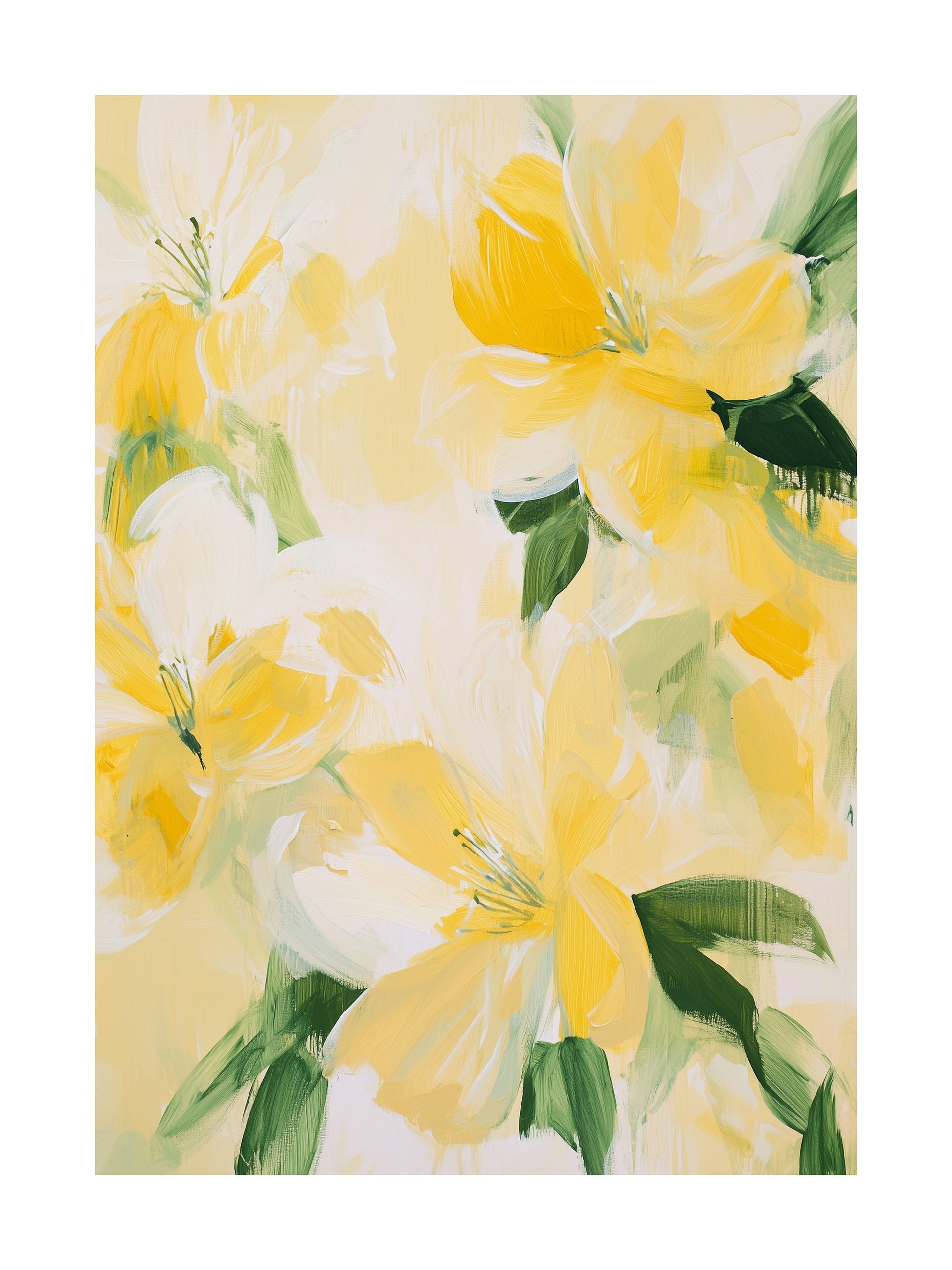 Abstract poster with bright yellow and white flowers with green leaves