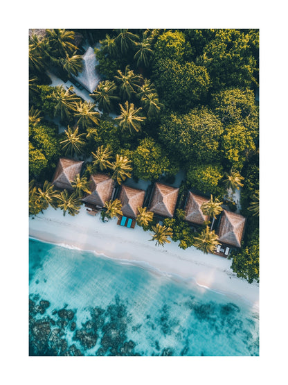 Top-down view of thatched beach huts lined along a tropical coastline. Ideal for wall art in your home, office, or studio.