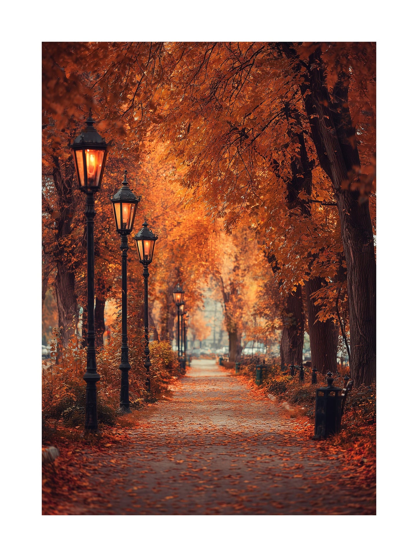 Poster of autumn park path with vintage street lamps and golden leaves