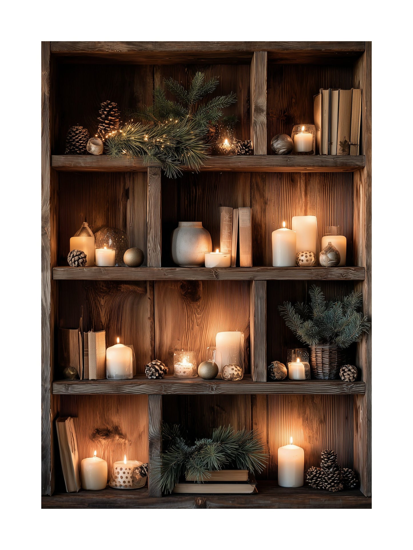 Wooden shelf with candles, pine branches, pinecones, and books creating a cozy winter mood.