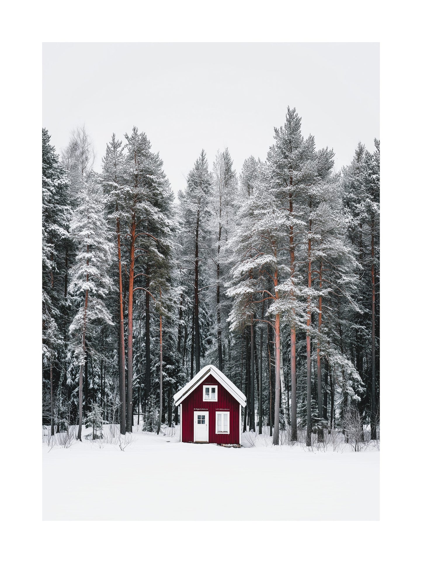 Red cabin in a snowy forest surrounded by tall pine trees.