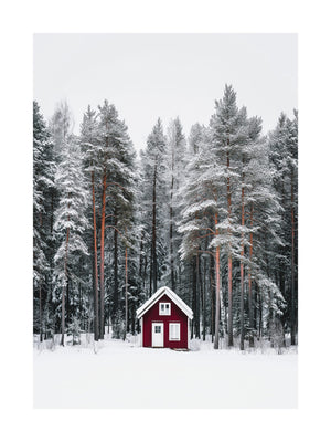 Red Cabin in Winter Forest Poster