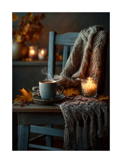 Poster of steaming coffee cup with candlelight and autumn leaves