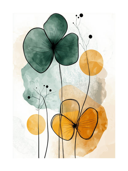 Botanical poster with green leaves and yellow-orange flowers on a watercolor background.
