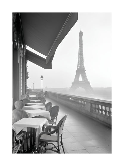 Black and white view of Eiffel Tower from a Paris café balcony